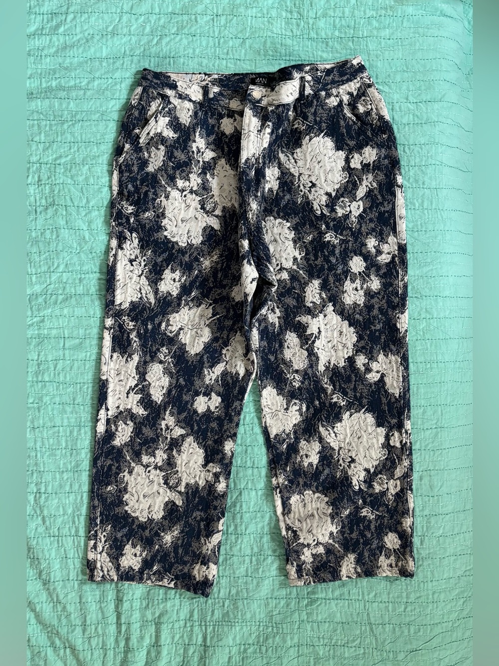Blue White Floral Tapestry Jacquard Wide Leg Pants Size 42